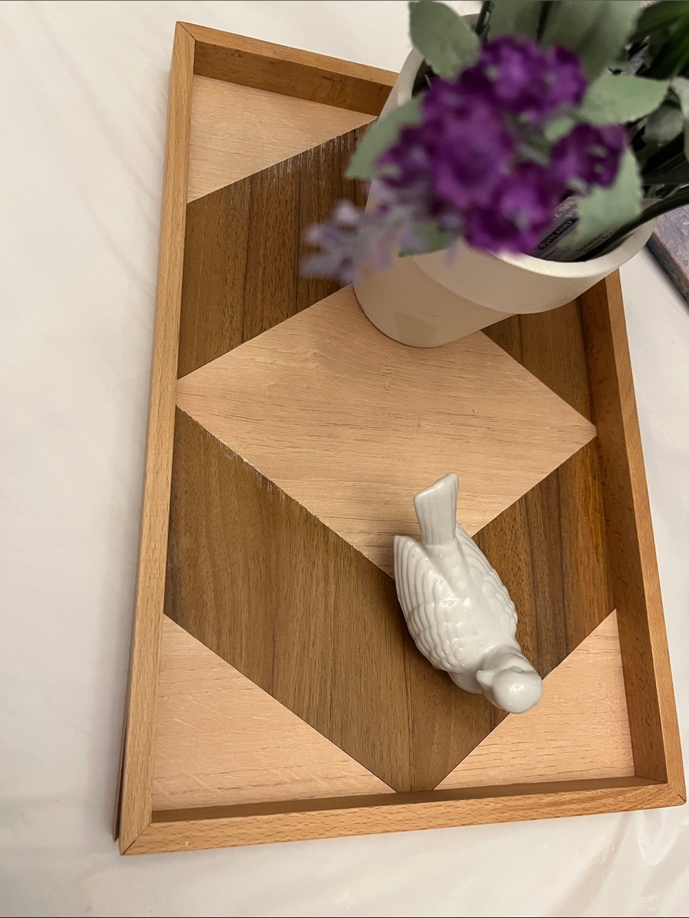 Geometric Wooden Serving Tray in Light and Dark Wood Tones